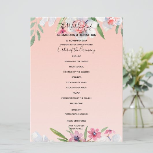 Witte Narcissus op Abrikoos Roze Bruiloft Programm Programma (Staand voorkant)