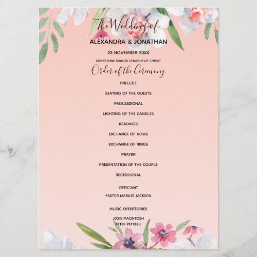 Witte Narcissus op Abrikoos Roze Bruiloft Programm Programma (Voorkant)