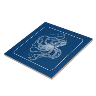 Witte Nautische octopus op Navy Blue Tegeltje