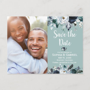 Witte Navy Blauwe Bloem Groene Trouw Save the Date Aankondigingskaart