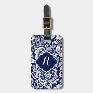 Witte & Navy Blauwe Bloemen Damasks Bagagelabel