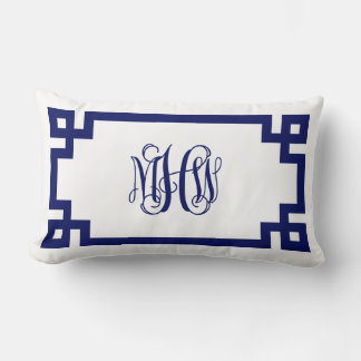 Witte Navy Griekse Sleutel Wingerdschrift Monogram Kussen