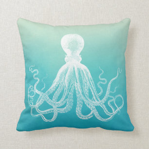 witte octopus Aqua Blue Ombre Waterverf Kussen