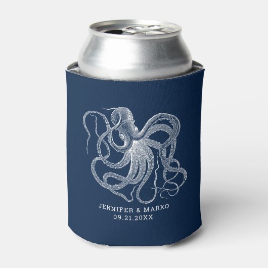 Witte octopus met een aangepaste marineblauwe teks blikjeskoeler (Blikje Voorkant)