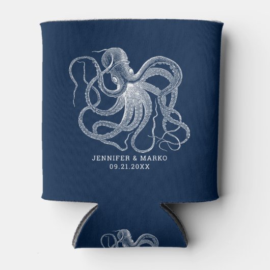 Witte octopus met een aangepaste marineblauwe teks blikjeskoeler (Voorkant)
