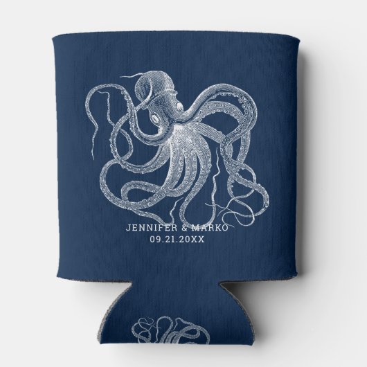 Witte octopus met een aangepaste marineblauwe teks blikjeskoeler (Achterkant)