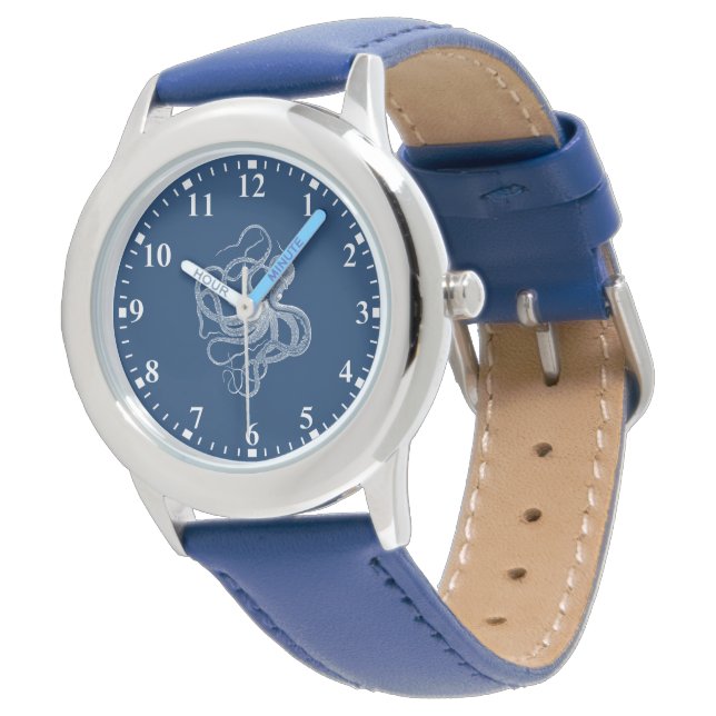 Witte octopus op donkerblauw horloge (Gekanteld)