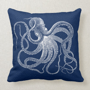 witte octopus op donkerblauwe achtergrond kussen