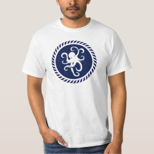 Witte octopus op een blauwe cirkel t-shirt