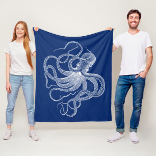  witte octopus op marineblauw fleece deken