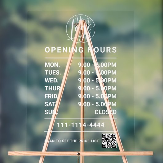 Witte openingstijden logo en qr code acryl bord (Neutraal)