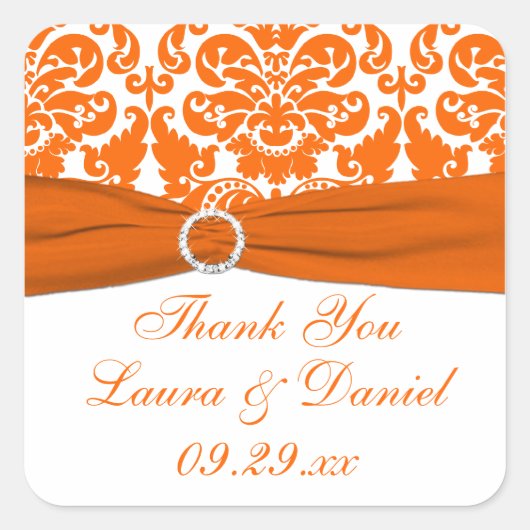 Witte, Oranje Damask bruiloft gunst Sticker (Voorkant)