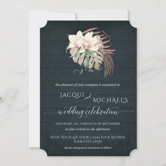 Witte Orchidee Bloemen BOHO Moody Marine Blauw Tro Kaart (Voorkant)