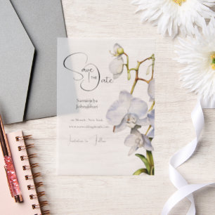 Witte orchidee cascade luxe tropische bloemen chic vellum uitnodigingen