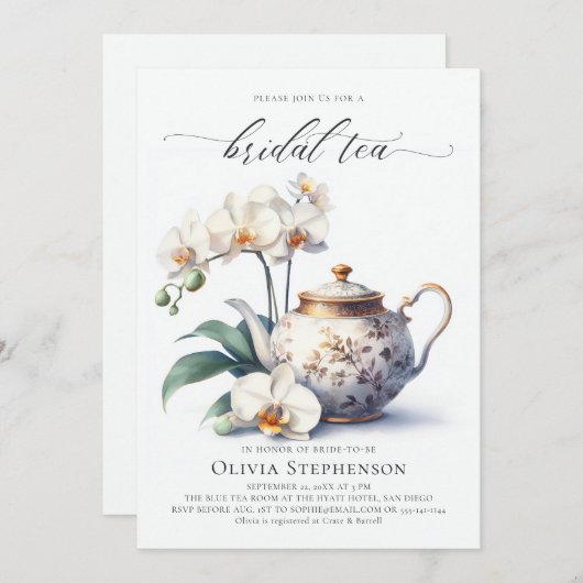 Witte Orchidee Elegant Set Script Bruids Thee Douc Kaart (Voorkant / Achterkant)