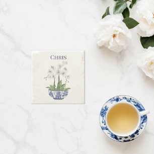 Witte Orchidee in Chinoiserie Kom Stenen Onderzetter