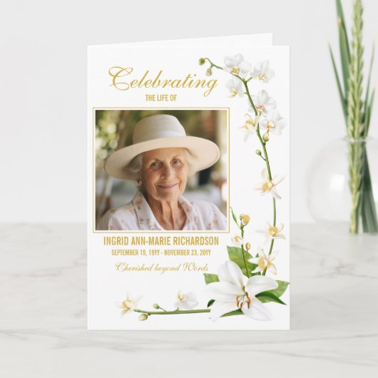 Witte Orchidee Lelie Twee Foto Funeral Programma (Voorkant)
