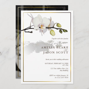 Witte orchidee op wit Goud Lijst Foto Bruiloft Kaart