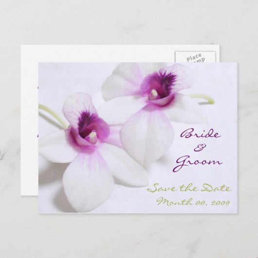 Witte orchidee Save the date briefkaarten (Voorkant / Achterkant)