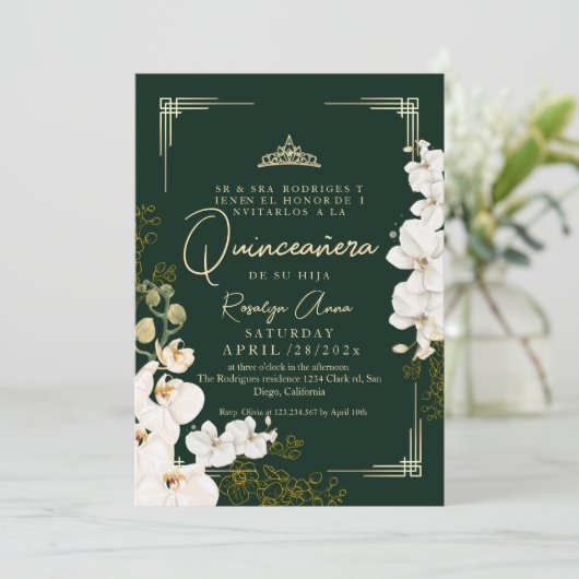 Witte Orchidee Smaragdgroene Prinses Quinceañera Kaart (Staand voorkant)