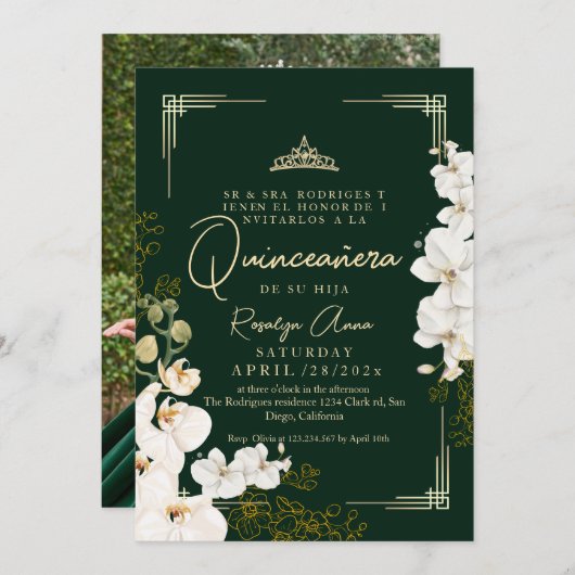 Witte Orchidee Smaragdgroene Prinses Quinceañera Kaart (Voorkant / Achterkant)