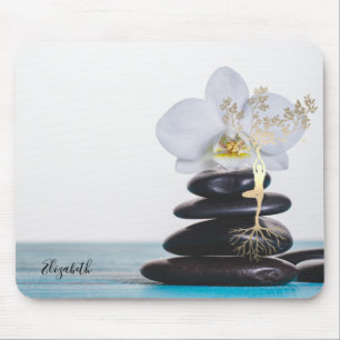 Witte Orchidee, Zen Stones, Gouden Boom Silhouet Muismat