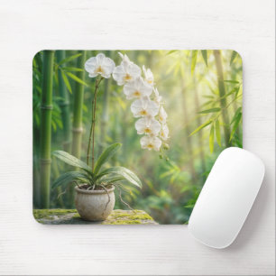 Witte orchideeën en bamboe muismat