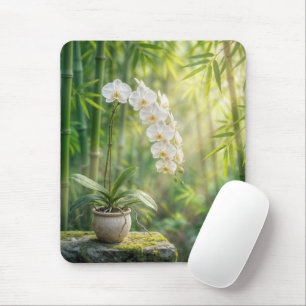 Witte orchideeën en bamboe muismat