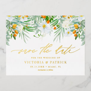 Witte orchideeën en kumquats bloemstuk 'Save the D Folie Uitnodiging Briefkaart