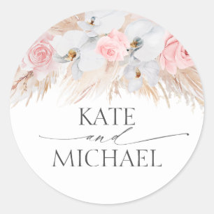 Witte Orchideeën en Pampas Grass Roze Bruiloft Ronde Sticker