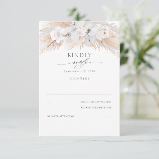 Witte Orchideeën en Rozen Gedroogde Pampas Bruilof RSVP Kaartje (Staand voorkant)