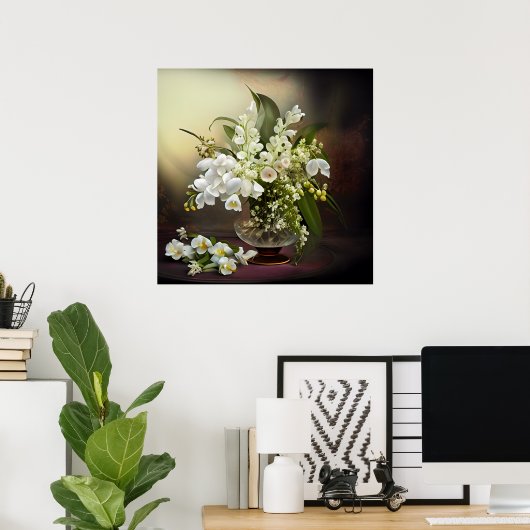 Witte Orchideeën Lelietje-van-dalen Mooie Boeket Poster (Thuiskantoor)