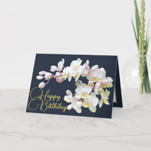 Witte Orchideeën Navy Achtergrond Happy Birthday Kaart