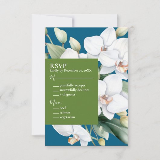 Witte Orchideeën Oceaanblauwe Trouwkaarten RSVP Kaartje (Voorkant)
