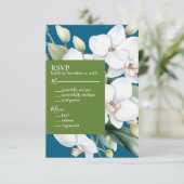 Witte Orchideeën Oceaanblauwe Trouwkaarten RSVP Kaartje (Staand voorkant)