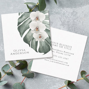 Witte Orchideeën op Monstera Tropische Botanische Vierkante Visitekaartje