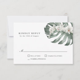 Witte Orchideeën op Monstera Tropische Bruiloft RS RSVP Kaartje