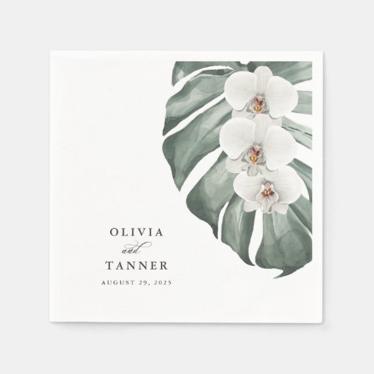 Witte orchideeën op Monstera tropische bruiloft Servet (Voorkant)