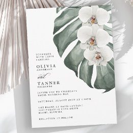 Witte orchideeën op Tropische bruiloft in Monstera Kaart