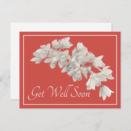 Witte orchideeën Oranje Achtergrond Beterschap Briefkaart (Voorkant / Achterkant)