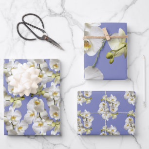 Witte orchideeën periwinkle blauw lavendel inpakpapier vel