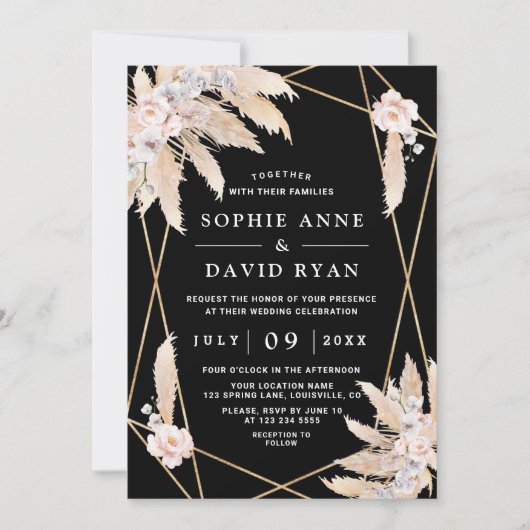 Witte Orchideeën Roze Roos Pampagras Zwarte Bruilo Kaart (Voorkant)