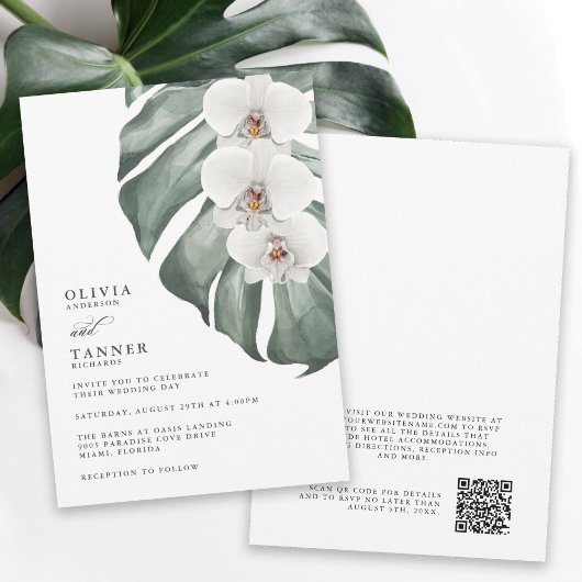 Witte Orchideeën Tropische bruiloft met QR-code Kaart