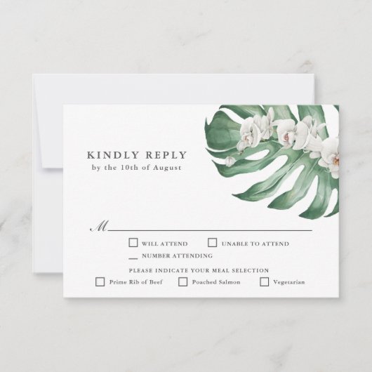 Witte Orchideeën Tropische Bruiloft RSVP met Entre (Voorkant)