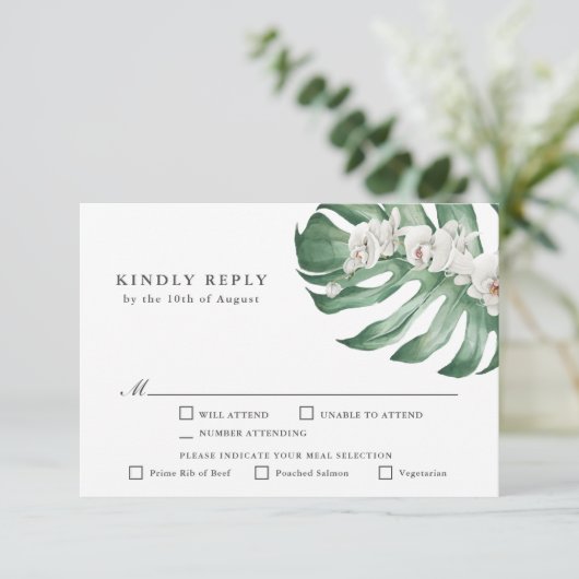Witte Orchideeën Tropische Bruiloft RSVP met Entre (Staand voorkant)