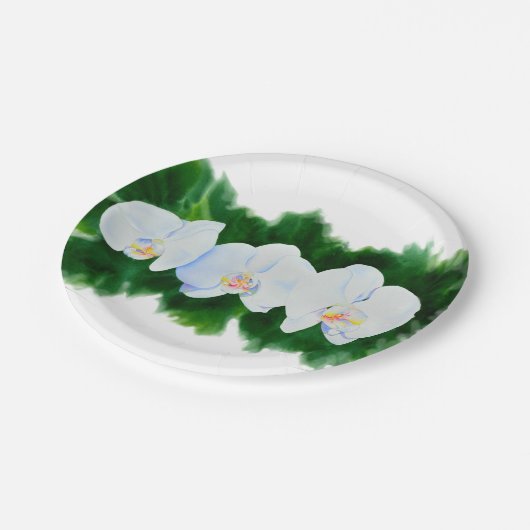 Witte orchideeën waterkleur bloemig papieren bordje (Gekanteld)