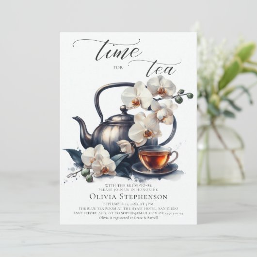 Witte Orchideeën Waterverf Script Bridal Tea Showe Kaart (Staand voorkant)