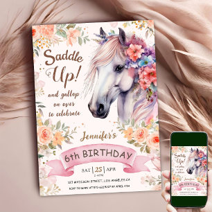 Witte Paard 6e verjaardag Bloemen Meisje Zadel Omh Kaart