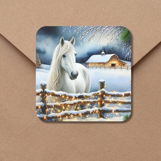  Witte Paard Boerderij Kerst Vierkante Sticker