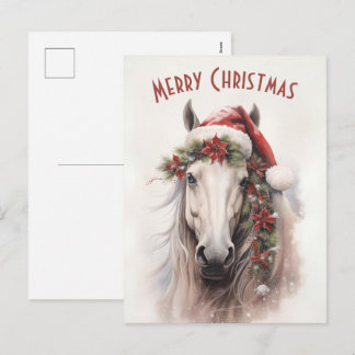Witte Paard Kerstman Hoed Rood Poinsettias Kerstmi Feestdagenkaart